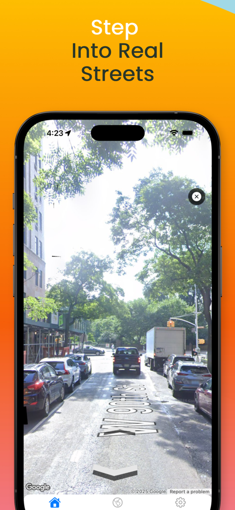 Lite Maps: 3D & Street View - Lite Maps app displaying a live street view of a city street