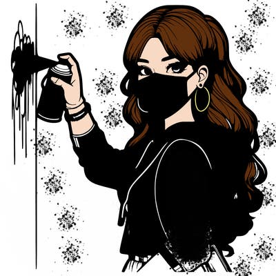 realistic girl with mask spray painting a wall