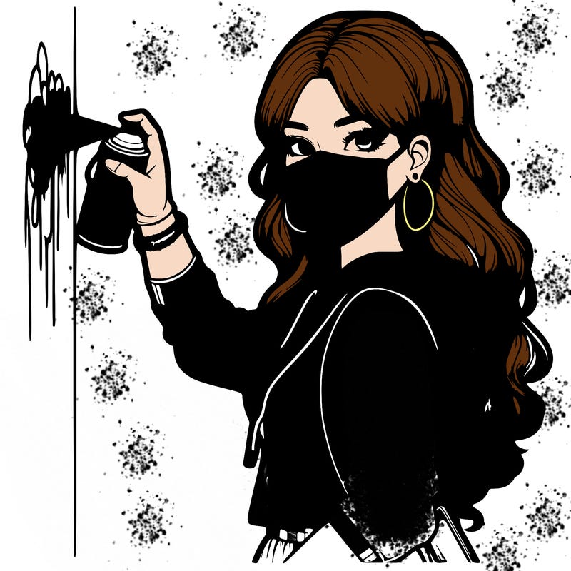 realistic girl with mask spray painting a wall