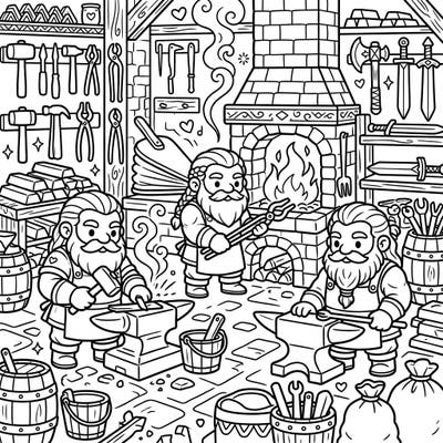 Dive into the enchanting world of Kawaii Dwarf Blacksmiths with this adorable coloring page. Bring these cute, metal-forging artisans and their bustling workshop to life with your favorite colors.