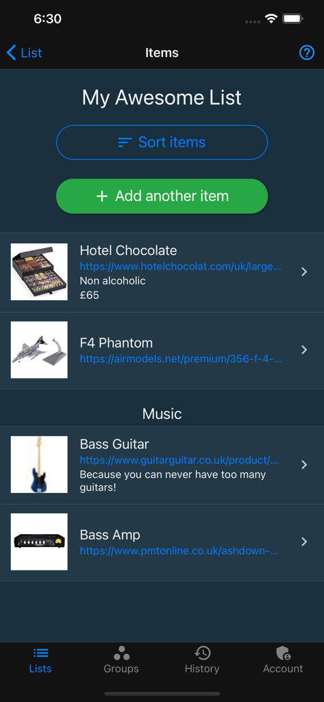 Things To Get Me - A mobile app screen showing a personalized wishlist titled My Awesome List with items like chocolates and musical instruments.
