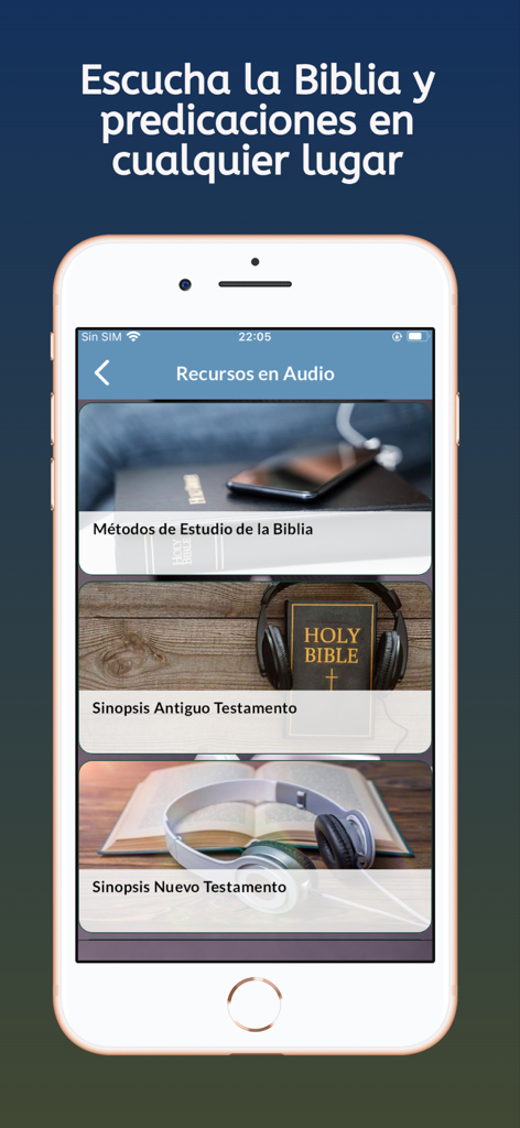 Biblia Kadosh en Español - iPhone screen showing audio resources in the Biblia Kadosh app including Bible study methods and Old and New Testament synopses with audio icons.