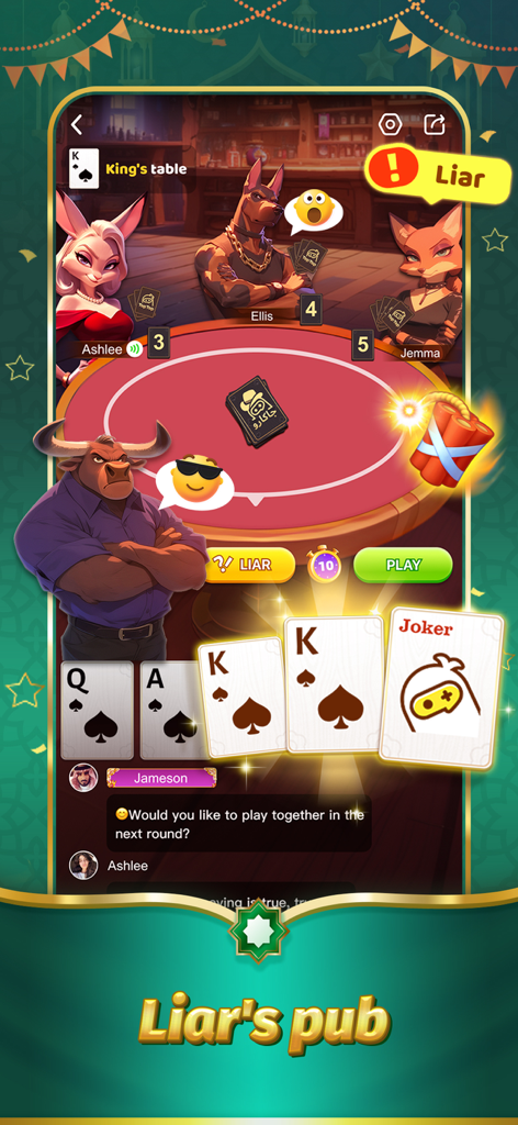 Multiplayer card game gameplay in Liar's pub mode with animal characters in the TopTop Lite app
