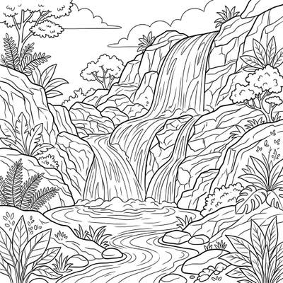 Dive into the serene beauty of an ephemeral waterfall with this captivating coloring page. Experience the wonder of nature's temporary marvel as water gracefully cascades over rocks and into a tranquil stream.