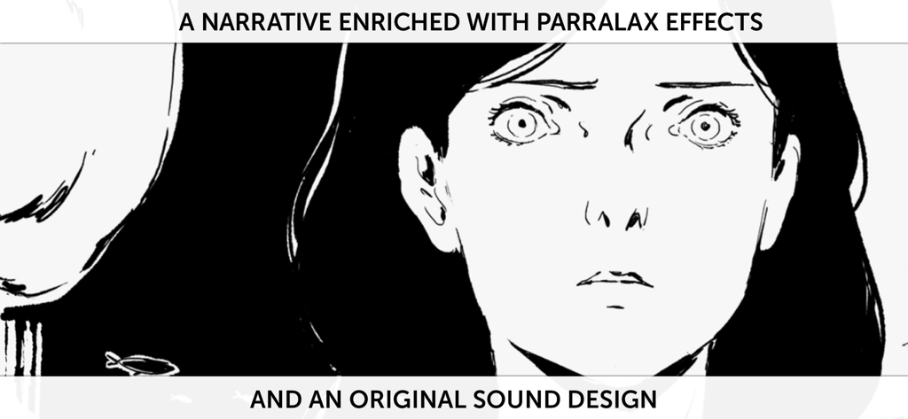 Schwarz-Weiß-Nahaufnahmeporträt der Hauptfigur Audrey aus dem digitalen Comic Phallaina