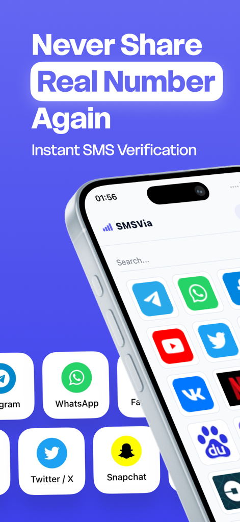 Virtual Number -SMSVia - SMSVia app interface showing instant SMS verification for social media and messaging services