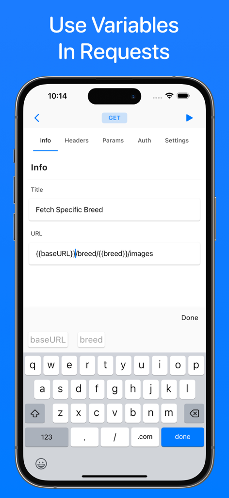 API Bot - API Bot mobile app interface showing a GET request setup with custom environment variables in the URL field