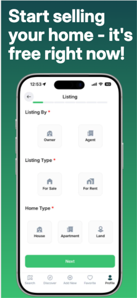 Makon - Makon app interface for creating a new property listing with options for owner or agent and home type