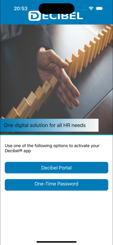Decibel HRMS app activation screen featuring options for Decibel Portal or One-Time Password login.