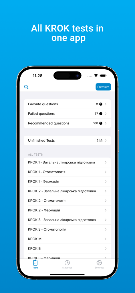Krok: Testing - iPhone screen showing the Krok Testing app interface with a list of medical licensing exams including medicine dentistry and pharmacy