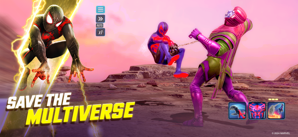 Spider-Man and Miles Morales fighting Kang the Conqueror in a Marvel Strike Force multiverse battle.