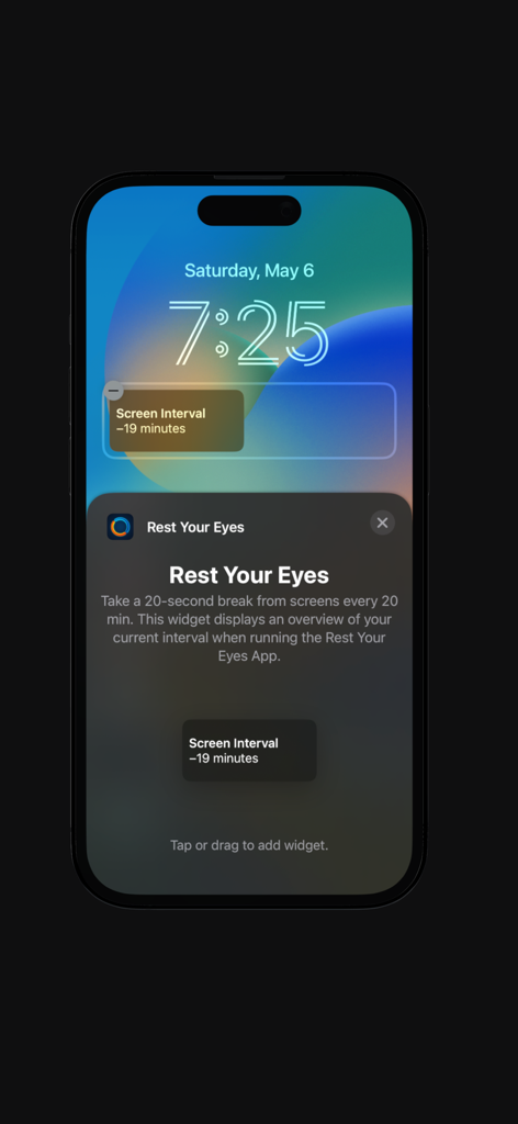Rest Your Eyes - Breaks - iPhone lock screen displaying a screen interval widget from the Rest Your Eyes app