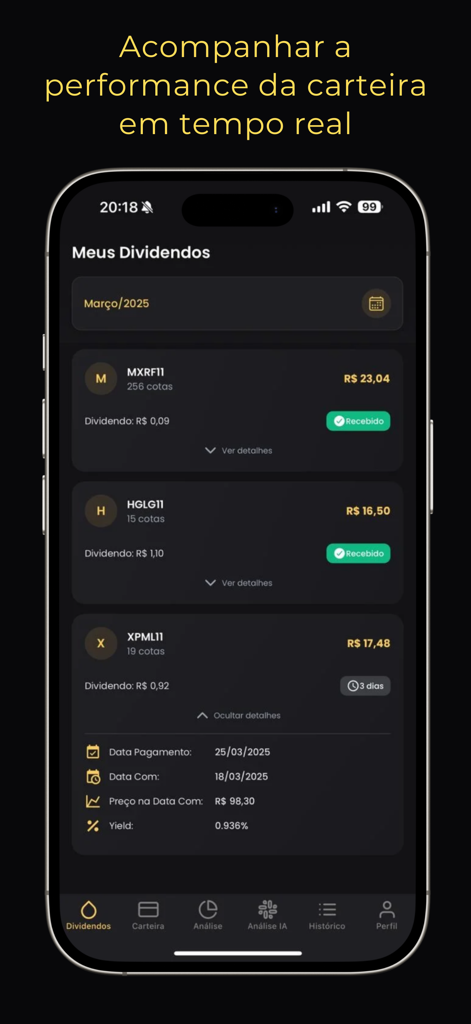 Renda Fiis: Fundos Imobiliário - Renda Fiis app screen displaying real estate fund dividend tracking in Brazilian Reais