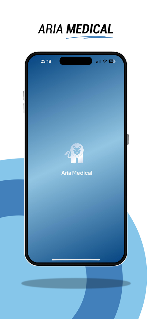 Doki Ai - Splash screen for Doki Ai medical app showing the Aria Medical logo and a lion icon on a blue background