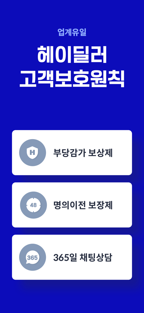 헤이딜러 - 번호판 시세, 내차팔기 - Hey Dealer app screen outlining customer protection policies including price compensation and 48 hour title transfer guarantee
