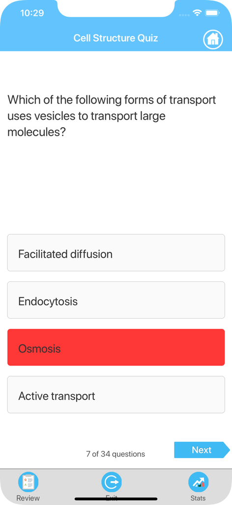 High School Biology - A cell structure quiz question in the High School Biology app with a multiple choice interface showing an incorrect answer highlighted in red
