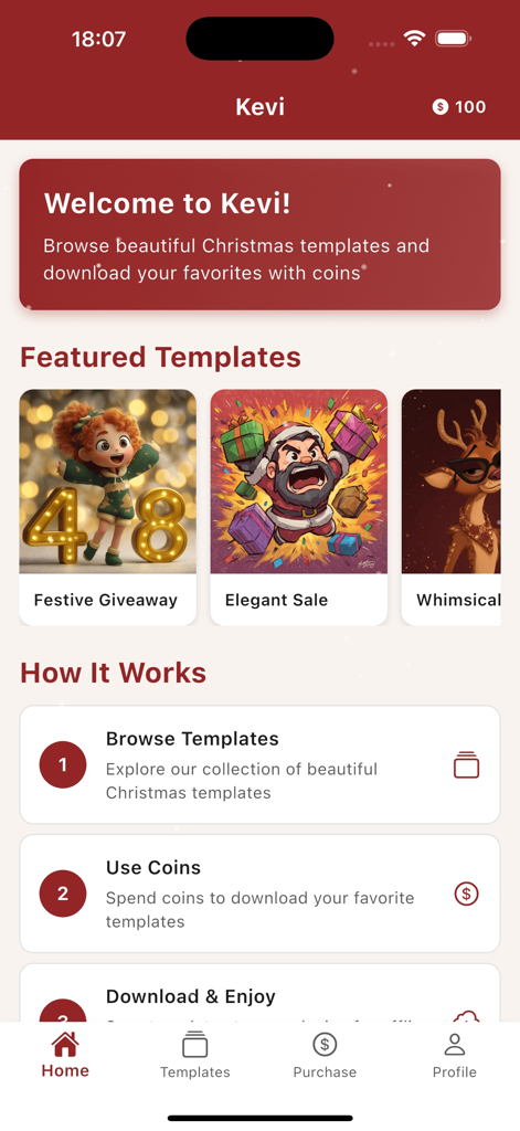 Kevi - Home screen of the Kevi app featuring featured Christmas templates and a how it works guide.