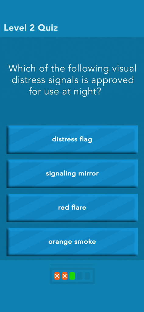 ilearntoboat - A level 2 quiz question about visual distress signals in the ilearntoboat interactive boating safety course app.