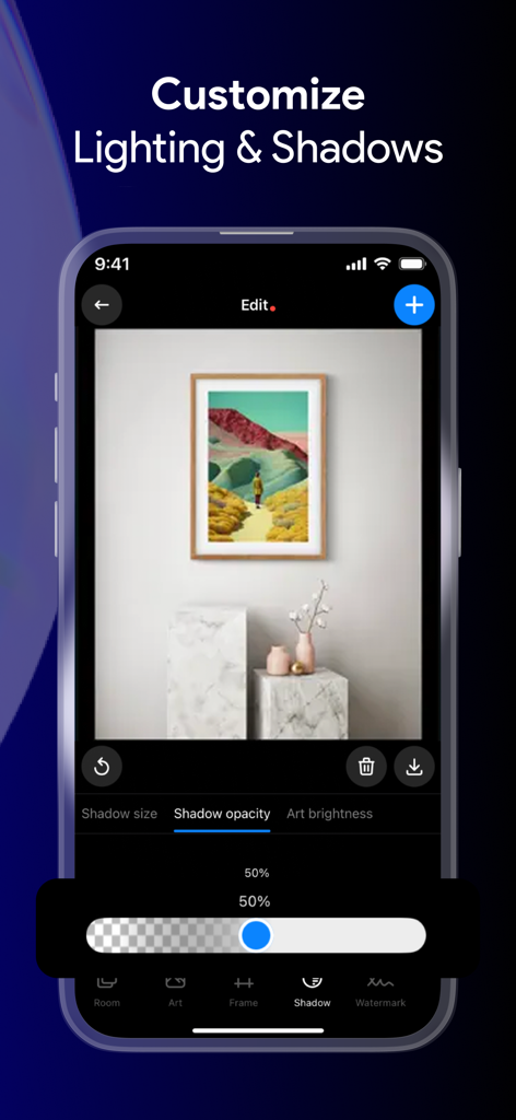 ArtStage: Preview your Artwork - Mobile app interface showing tools to customize lighting and shadow opacity on an artwork mockup.