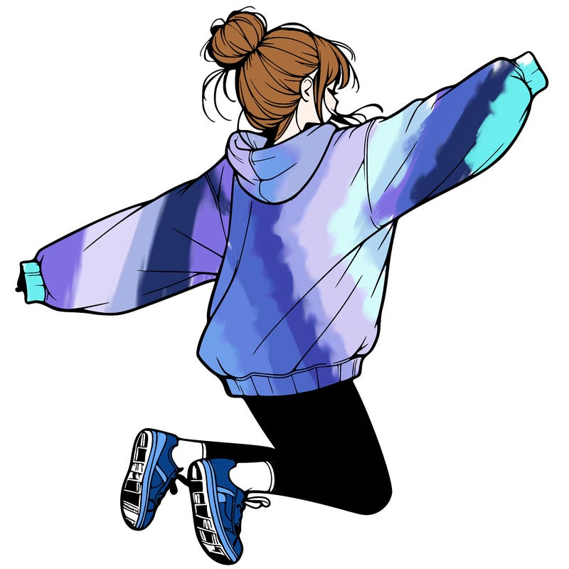 realistic girl jumping with a bun and oversized sweatshirt
