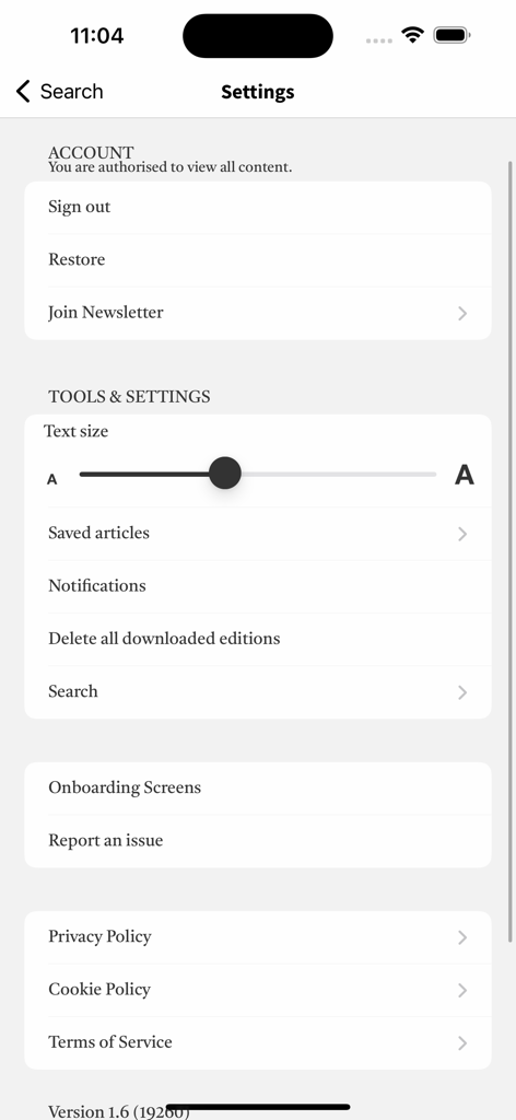 The Irish News Digital Edition - Settings screen of The Irish News Digital Edition mobile app showing account management and text size customization options.