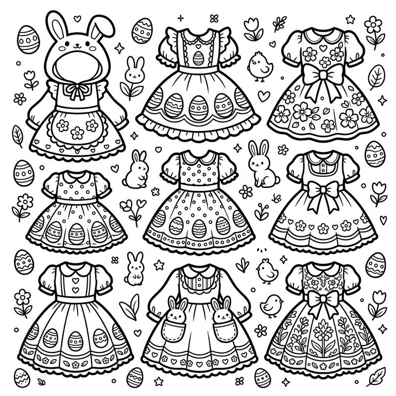 Get ready for an adorable Easter celebration with these charming Kawaii dresses! This delightful coloring page features cute outfits adorned with bunnies, Easter eggs, and spring blossoms, perfect for adding your creative touch.