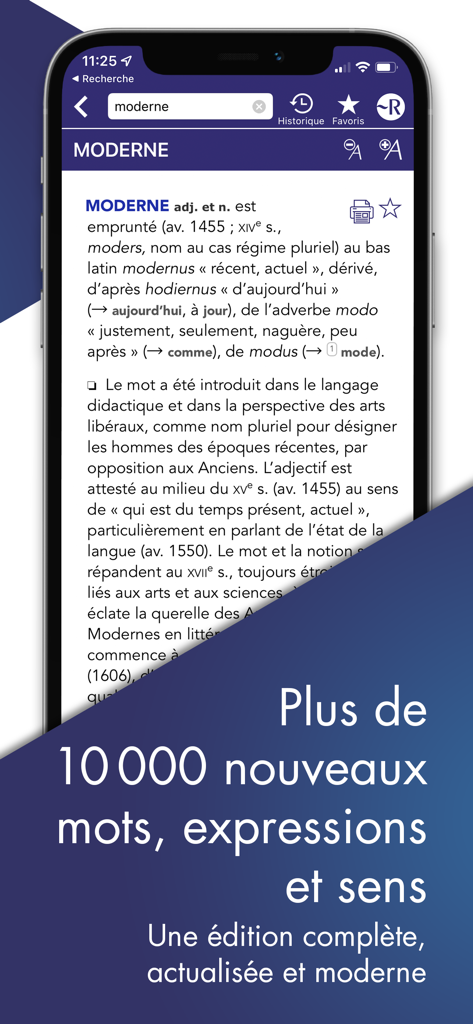 Dictionnaire Robert Historique - Interface of the Dictionnaire Robert Historique app showing the etymological history of the word moderne.