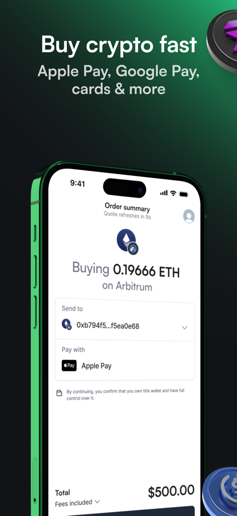 Ramp Network app interface showing an order summary to buy Ethereum using Apple Pay