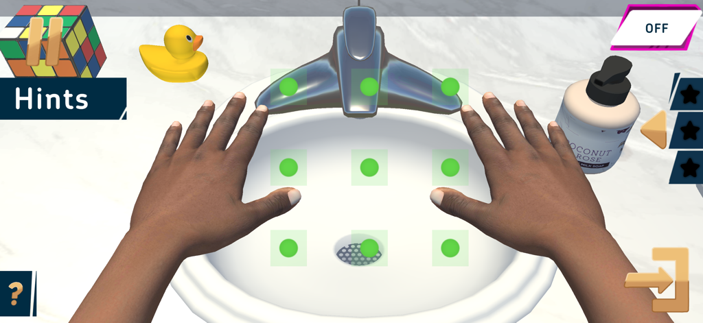 Hand Washing Trainer - Educational gameplay screen showing 3D hands over a virtual sink with a rubber duck and soap bottle.