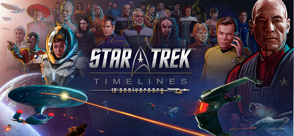 Star Trek Timelines - Ilustración del 10.º aniversario de Star Trek Timelines con personajes icónicos como Picard y Kirk junto a naves espaciales en una batalla espacial