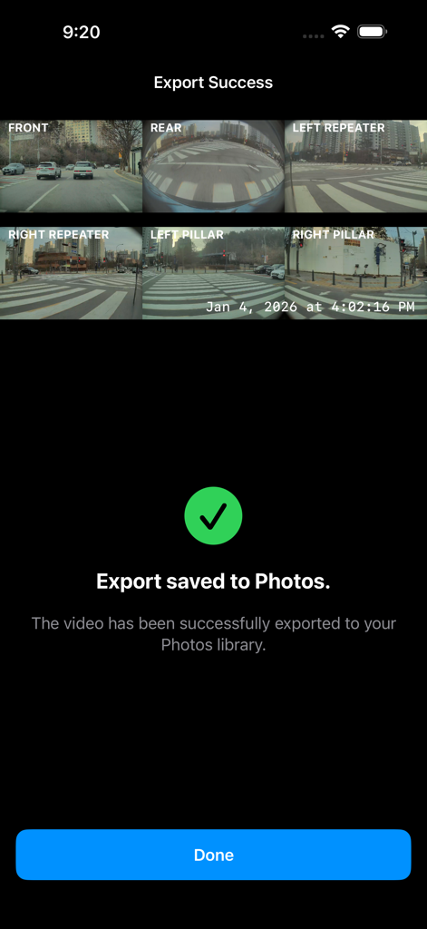 Tesla DashCam Viewer - A confirmation screen in the Tesla DashCam Viewer app showing a successful video export of six camera angles to the Photos library