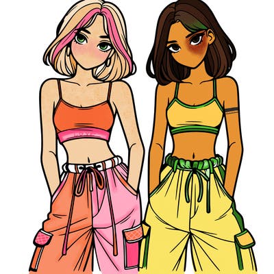 two girls with crop top with baggy pants