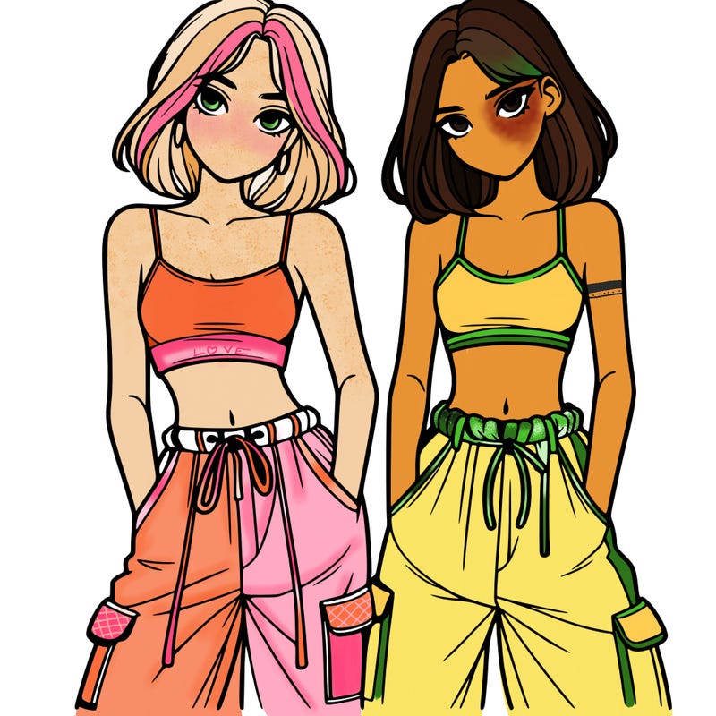 two girls with crop top with baggy pants
