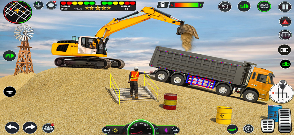 A yellow excavator loading sand into a dump truck in a 3D construction simulation game.