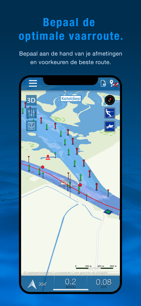 Vaarkaart Nederland - Maritime Navigationskarte in der Vaarkaart Nederland App zeigt Wasserstraßen mit Bojen und Routenplanungsfunktionen.