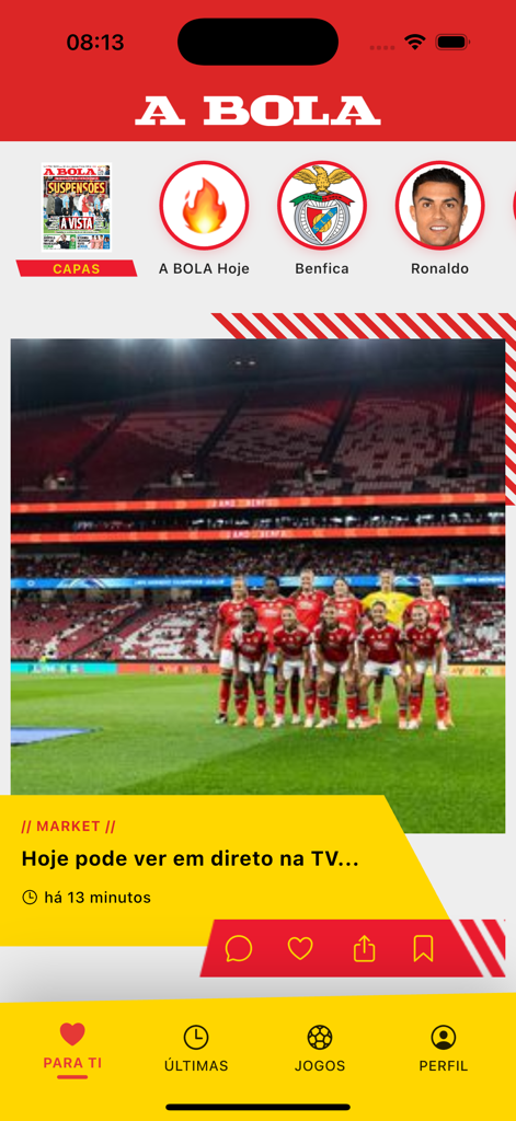 A BOLA - Interfaccia dell'app di notizie sportive A BOLA che mostra le ultime notizie di calcio e gli highlights delle squadre