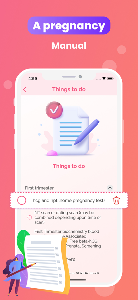 My Baby Heartbeat Monitor App - Una pantalla de manual de embarazo que muestra una lista de tareas y pruebas médicas para el primer trimestre