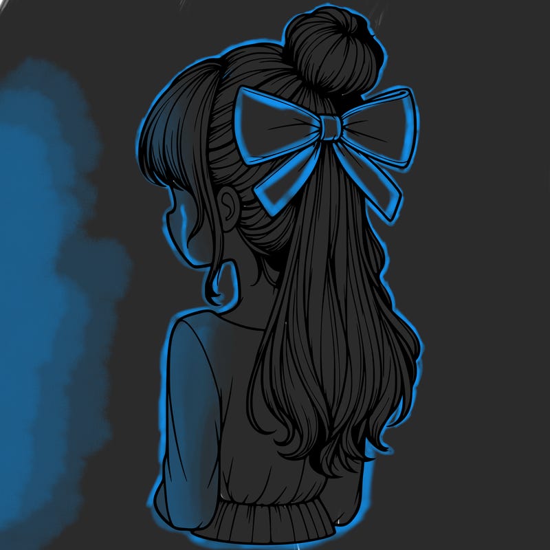 realistic girl  with hip length hair a bun and a big bow on the back of head