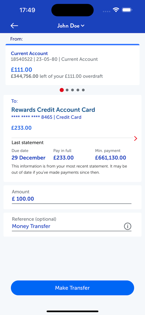 Metro Bank Mobile Banking - Metro Bank mobile app interface for transferring money between a current account and a rewards credit card account