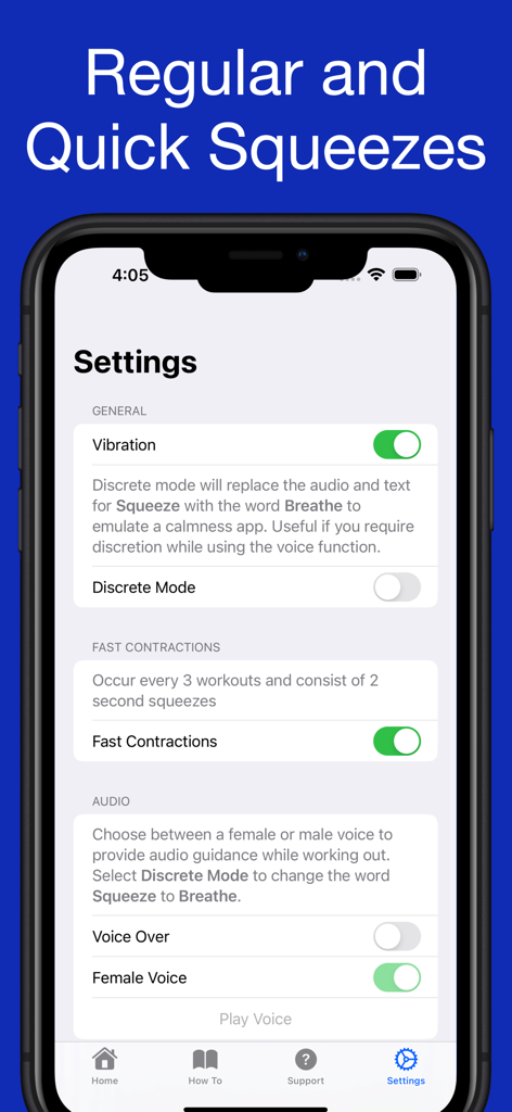 Settings screen of the Kratos Kegel Workout app showing options for vibration and discrete mode.
