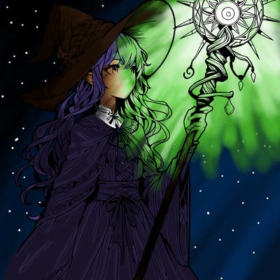 a realistic fantasy manga witch with a staff