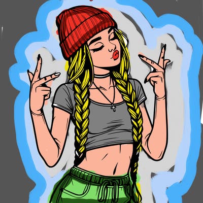 realistic teenage girl with braids and a beanie and crop top doing 🫶🏼