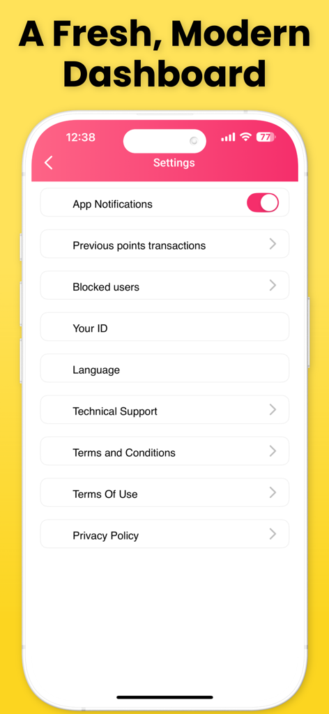 A fresh and modern settings dashboard of the Secret Chat anonymous messaging app showing privacy and notification options
