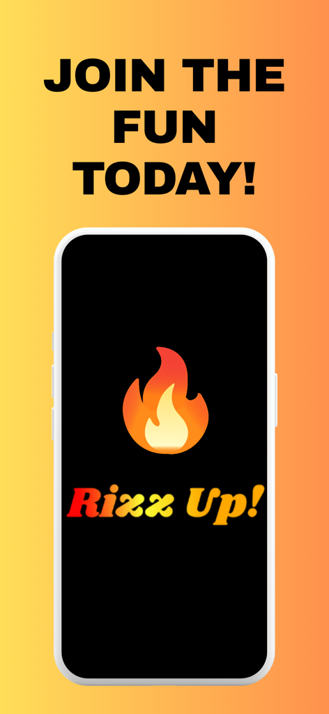 Promotional graphic for the Rizz Up app featuring a smartphone with a flame logo and the text Join the fun today