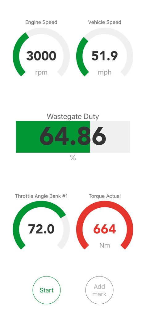 Ecrã da aplicação móvel ECU Connect mostrando um painel de controlo digital com indicadores de rotação e torque do motor
