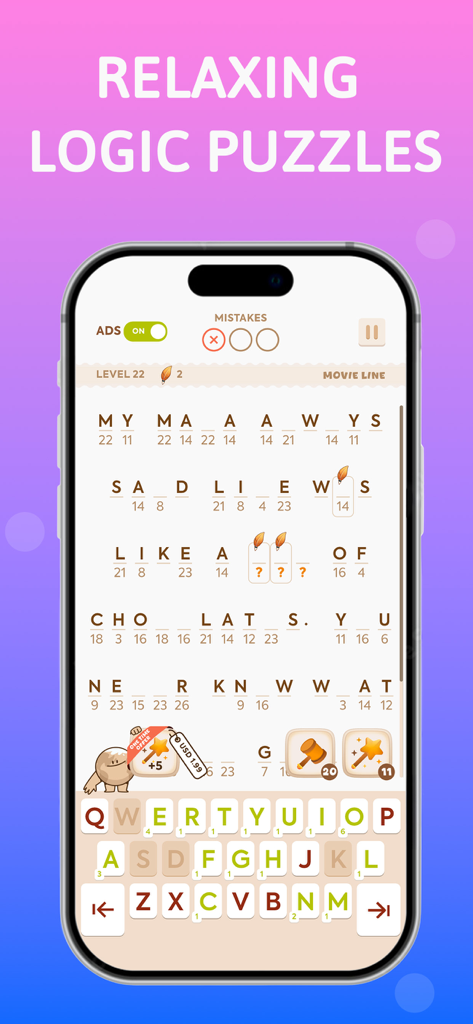 Cryptogram: Number & Word Game - A smartphone displaying a relaxing cryptogram logic puzzle gameplay with a letter decoding interface.