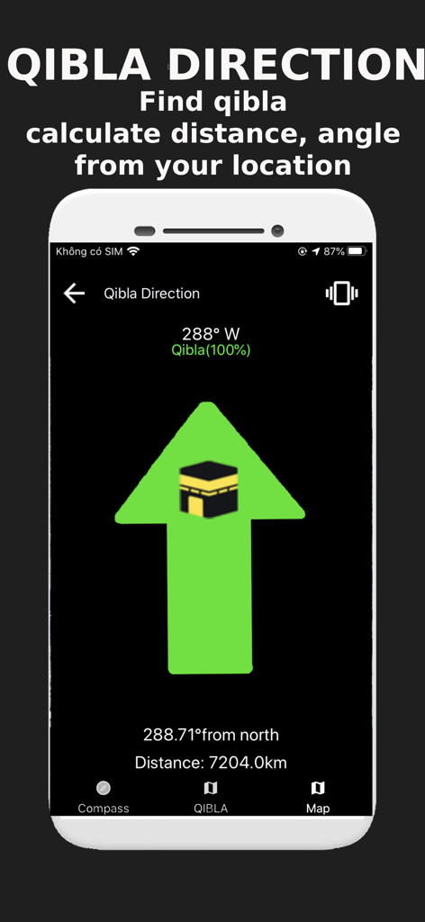 Location Maps - Measure Map - Una interfaz móvil que muestra la función de dirección de la Qibla con una flecha verde apuntando a la Kaaba y cálculo de distancia.