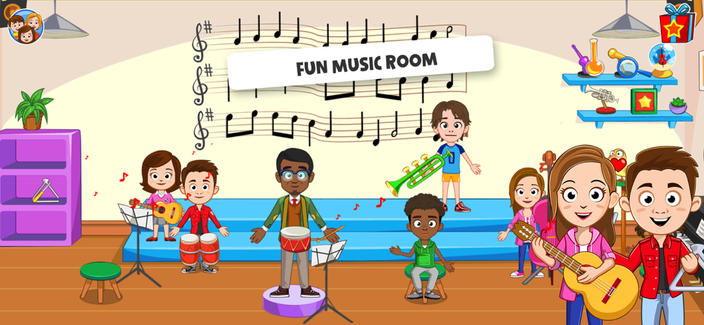 Bambini e un insegnante di cartoni animati che suonano strumenti in un'aula di musica divertente