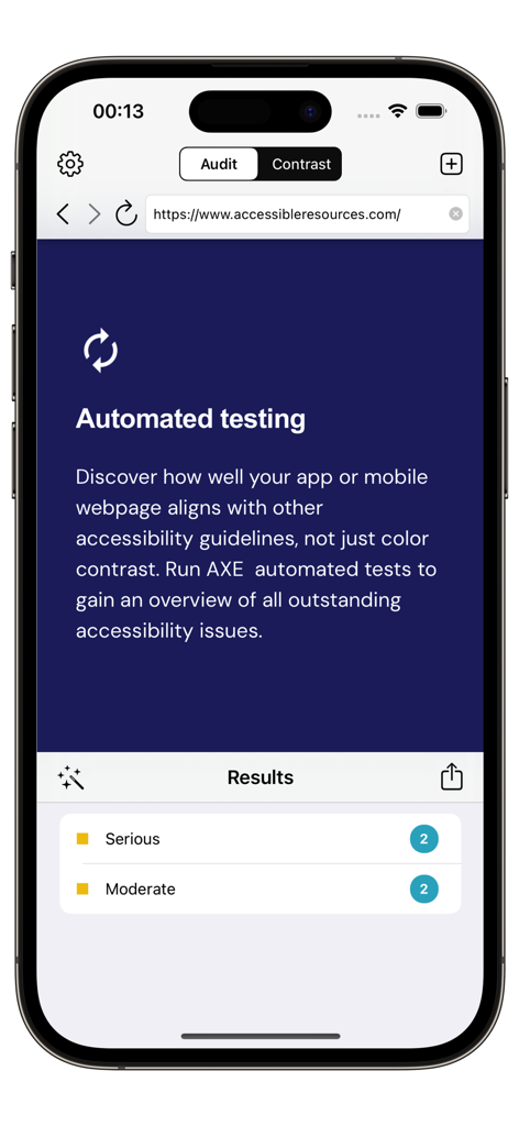 Capture d'écran de l'application Vérificateur d'accessibilité montrant les résultats des tests d'accessibilité automatisés pour un site web mobile.