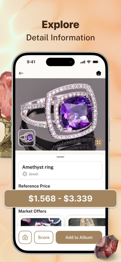 A screenshot of the Jewelry Identifier Value app identifying an amethyst ring with a reference price of 1568 to 3339 dollars